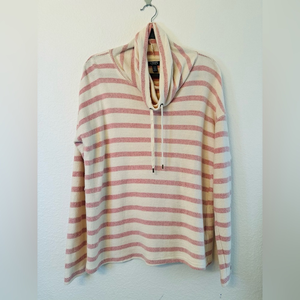 Chaps Striped White and Red Drawstrng Warm Sweatshirt Pullover Women's Small